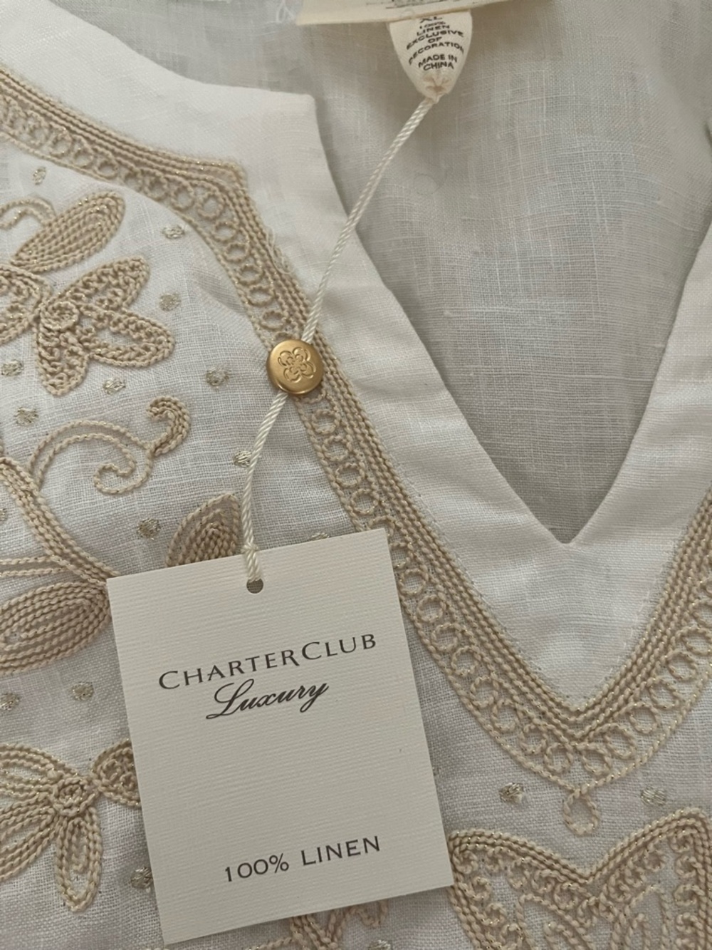 Charter Club White Linen Top with Tan Embroidered Floral Design - Picture 9 of 9